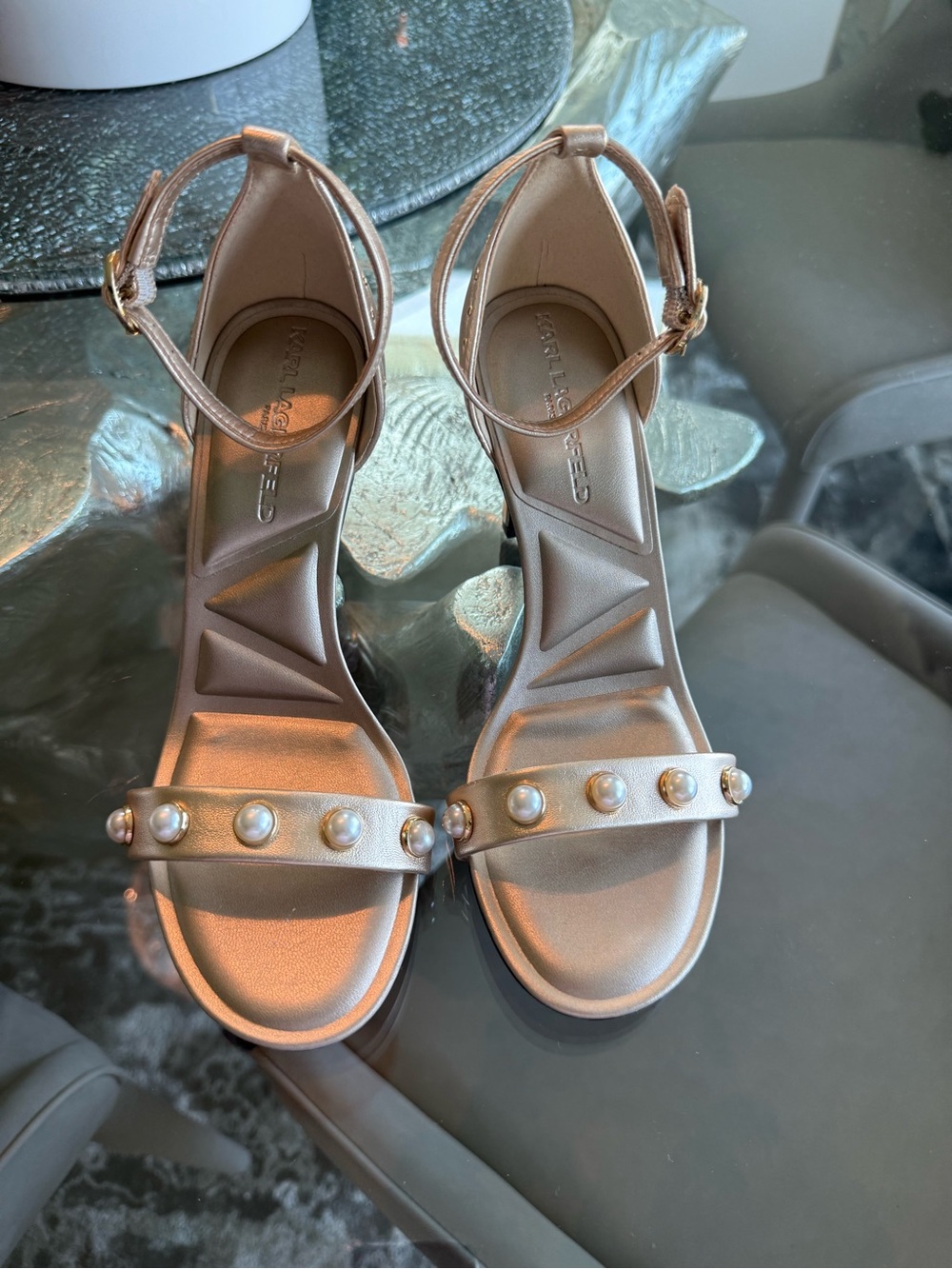 KARL LAGERFELD PARIS, Pearl-Embellished Ankle-Strap Sandals